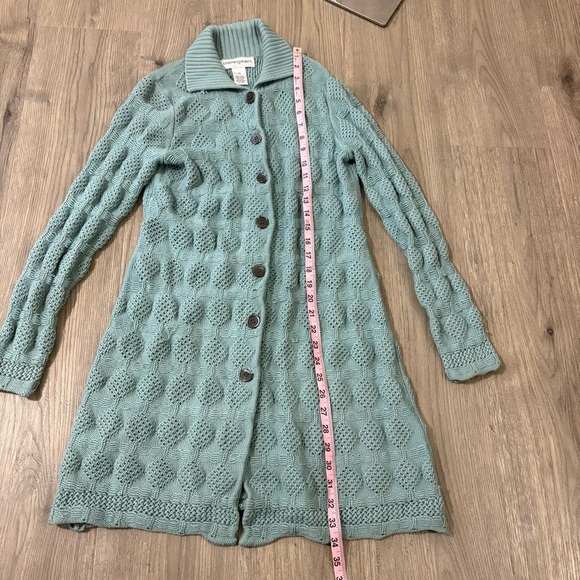 Bloomingdale’s 100% Wool Teal Sweater Long Cardigan Buttons Sz PS Chunky Knit - Picture 9 of 13